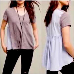 Anthropology Deletta Gray Tee with Blue/White Stripes Size Large